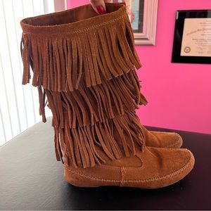 Moccasin Boho Fringe Tall Suede Leather Boots Lauren Conrad 8 Brown